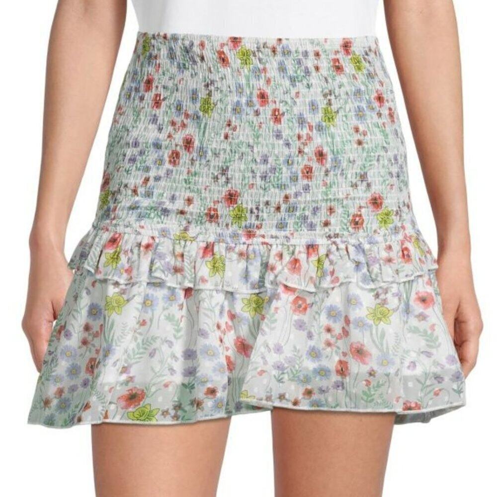 70/21 Ruffle Floral-Print Skirt-Size Large-Color Blue/Multi